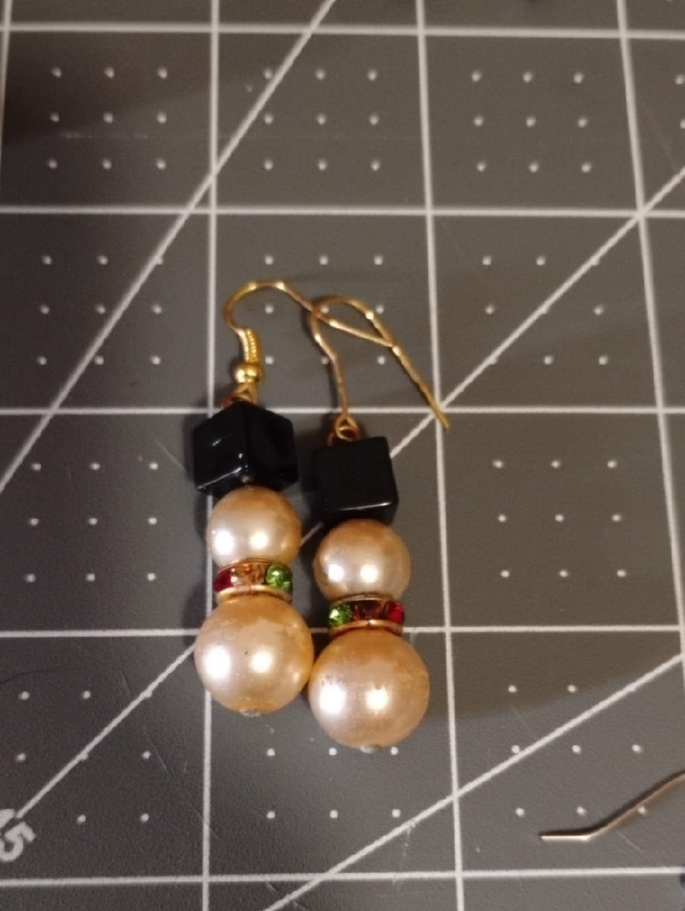 Gold Pearl Drop Earrings with Black Cubes and Colored Accents